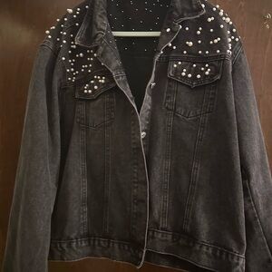 Black Denim Jacket with Pearl Embellishments